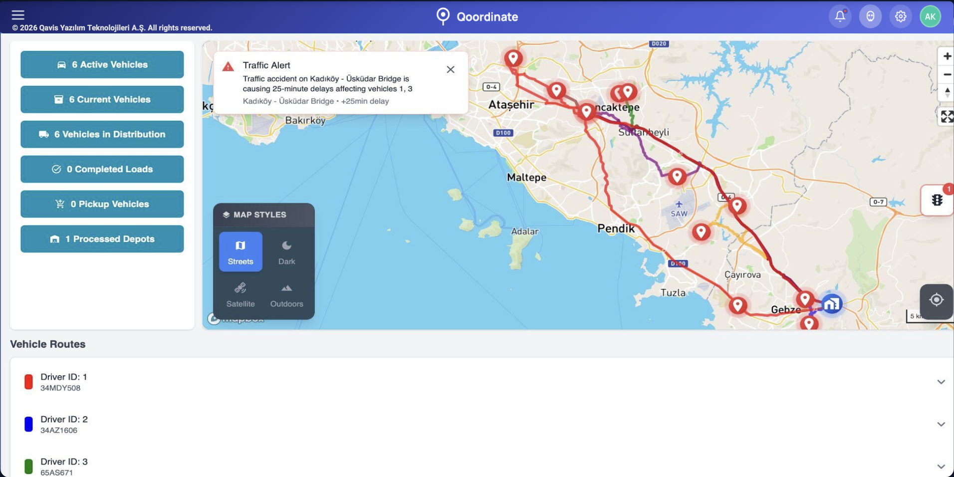 Qoordinate live logistics — vehicle routes and traffic alert on Istanbul map